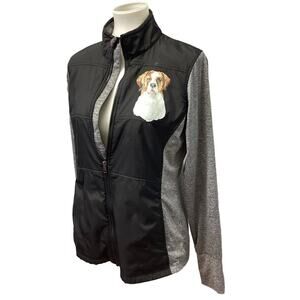 Hand Printed Womens Large Upcycled St Bernard Dog Long Sleeve Full Zip Jacket